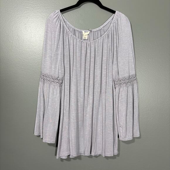 Tru Self Gray Crochet Lace Trim Boho Peasant Blouse - 1X - Women's Plus Size Top - Picture 1 of 7